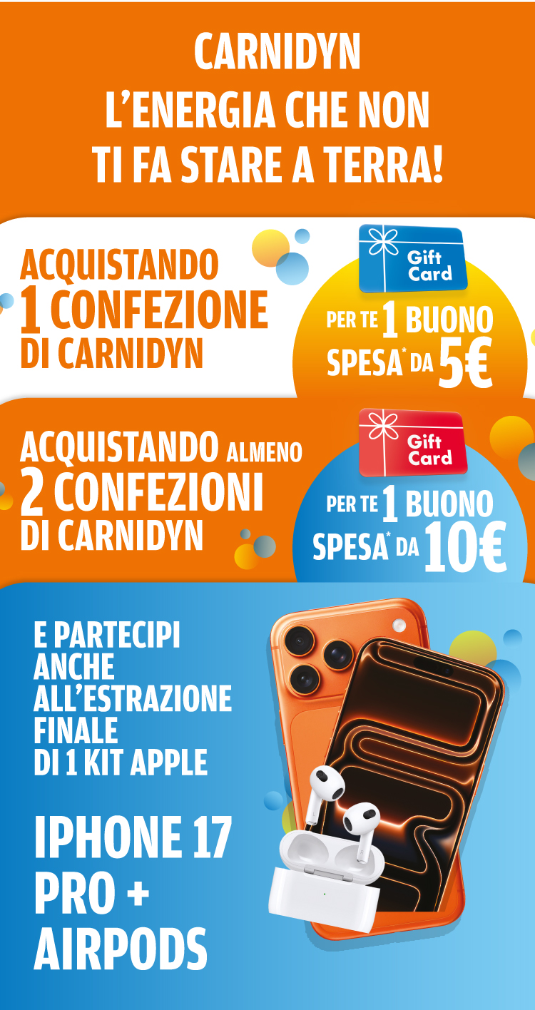 Immagine desktop col titolo della meccanica della manifestazione a premio Carnidyn l’energia che ti premia! Acquistando 1 confezione di Carnidyn per te un buono spesa da 5€. Acquistando 2 confezioni di Carnidyn per te un buono spesada 10€ e partecipi all'estrazione finale di 1 kit Apple